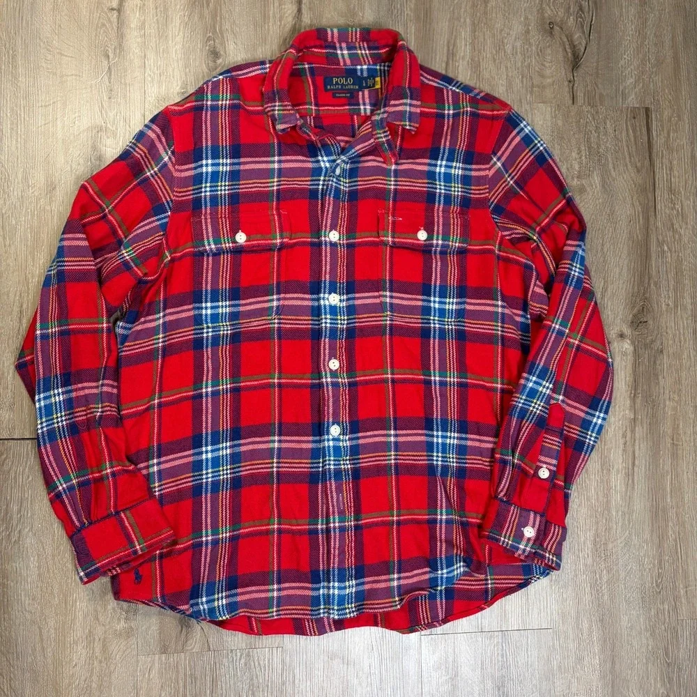 Polo Ralph Lauren Twill Plaid Shirt Mens Large Classic Fit Loop Collar Red